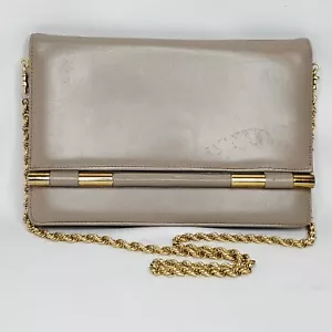 Vintage Ruth Saltex Leder Geldbörse taupe goldfarben Kettenband umklappbar Klappe - Bild 1 von 11