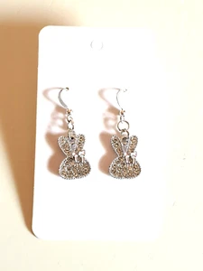 🐰Sweet Pink Bow Crystal Bunny Rabbit Silver Plated Earrings🐰 - Picture 1 of 6