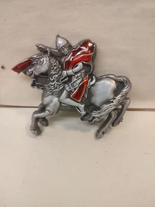 Medieval Knight on Horse Metal Belt Buckle Red Enamel & Silver - Picture 1 of 5