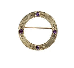 14K Yellow Gold Amethyst Open Round Brooch Textured Pin J108 - Picture 1 of 9