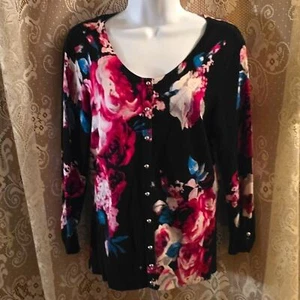 White House Black Market Women's M Black Pink Teal Rose Snap Front Cardigan - Picture 1 of 9
