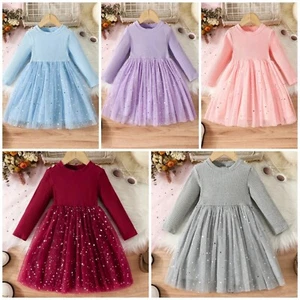 New Girls Party Ruffled Mesh Princess Dress With Sequin Crew Neck Long Sleeve - Picture 1 of 27