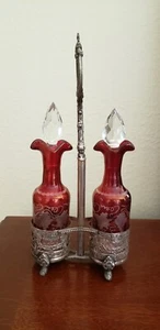 CRANBERRY GLASS CRUET SET 2 PIECES WITH CUT GLASS BOTTLES & CUT GLASS TOPS - Picture 1 of 5