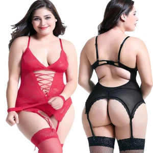 Plus Size Women Sexy Lingerie Set Bodysuit with Garter Belts Lace Teddy Babydoll - Picture 1 of 17