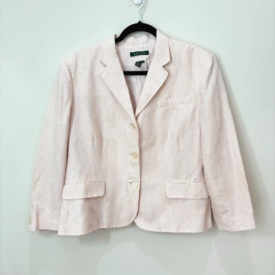 Ralph Lauren Linen Blazer Womens 16 Pink White Striped 3-Button Preppy Old Money - Image 1 of 4