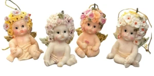 Cherub Baby Flower Angel Christmas Ornaments Vintage Resin 2”  SET Of 4 - Picture 1 of 16