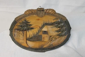 Vintage 30er Wandbild Holz Bild Relief Schwarzwald Mühle handgeschnizt 17x 12 cm - Bild 1 von 2