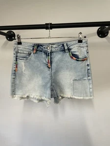 Next Size 14 Blue Denim Shorts Patchwork Multicoloured Stitching B904 - Picture 1 of 6