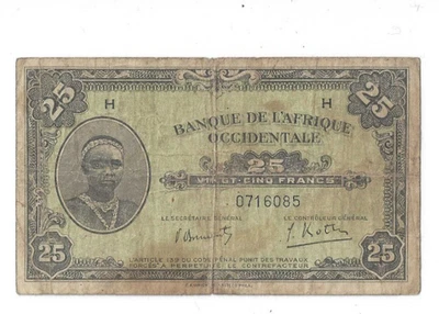 1942 FRENCH WEST AFRICA-Banque de L'Afrique Occidentale 25 Francs   lot # 150 - Image 1 of 4
