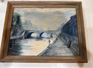 Oil Painting Bridge Canal Landscape Unknown Artist 1959 18x14 - Picture 1 of 6