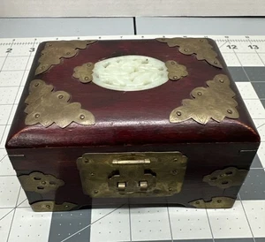 Vintage Shanghai China Wood Jewelry Box, Carved Jade, Brass, 5.25"x3.75"x3.25" - Picture 1 of 9