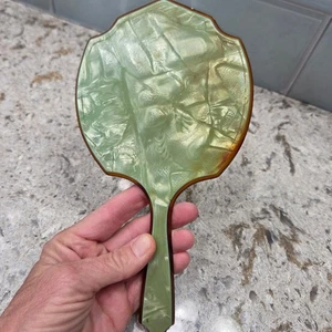 Vintage Bakelite Handheld Mirror Swirl Green Amber Vanity Mirror - Picture 1 of 9