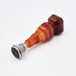 19TH CENTURY SOLID SILVER & BANDED AGATE INTAGLIO SEAL - THISTLE MATRIX - Picture 1 of 7