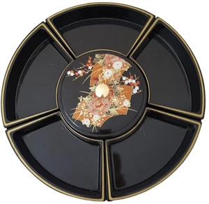Black Sectional Chinoiserie Round Serving Tray Dish 5 Sections w Center Bowl - Picture 1 of 24