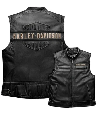 HD Men's Real Leather Harley Davidson Black Biker Vest Leather Moto Café Vest - Image 1 of 4