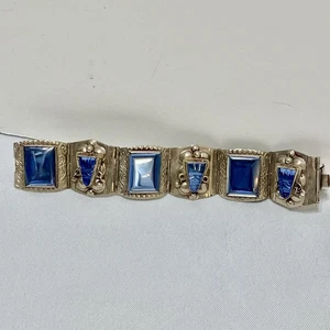 VINTAGE HECHO EN MEXICO GESCHNITZTES MAYA AZTEKEN PANEL ARMBAND Silber Blau - Bild 1 von 7