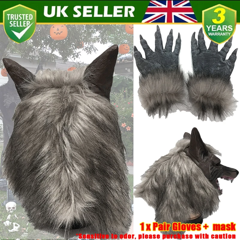Halloween Wolf Head Face Mask Werewolf Claw Gloves Cosplay Costume Horror Props- - Image 1 of 4