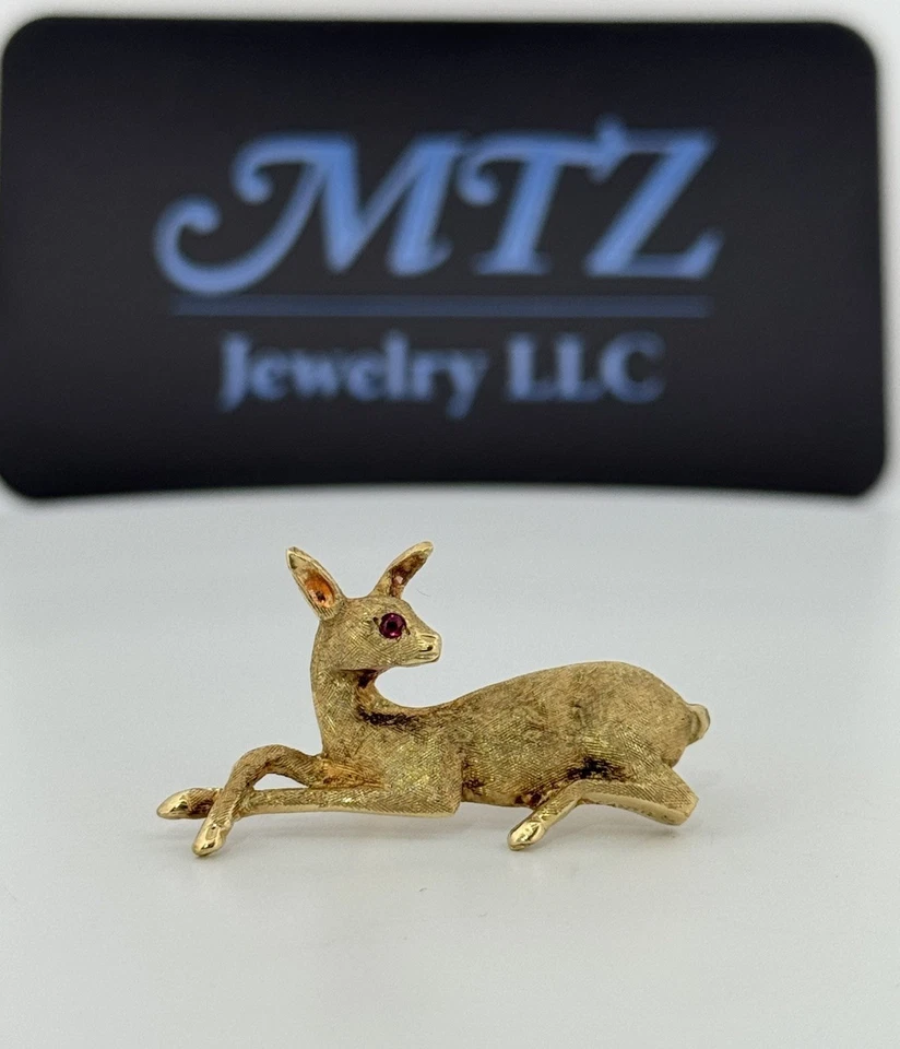 复古卡地亚动物鹿胸针 14kt 黄金天然红宝石   — 第 1/4 张图片