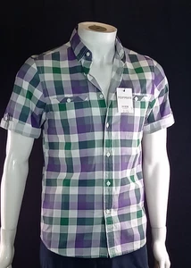Topman Purple Green Check Tab Short Sleeve Shirt Casual UK S EU 91-96cm NEW - Picture 1 of 10