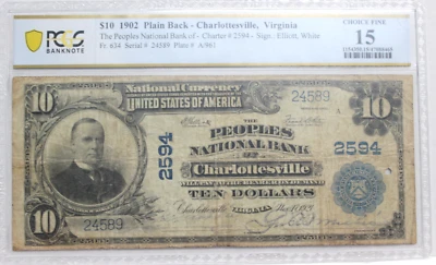 1902 $10 PEOPLES NATIONAL BANK, CHARLOTTESVILLE, VA  PCGS 15 FINE - Image 1 of 4