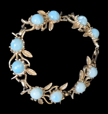 Vintage Brass and Aquamarine Glass Leaf Link Bracelet Snap Clasp 7.25 in. - Image 1 of 4