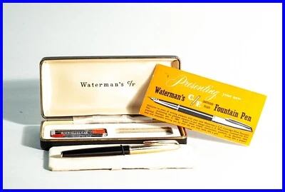 1960er 18K F Plume Waterman Cf Cartouches Stylo à Acier Noir & Or Boîte Papiers - Photo 1/4