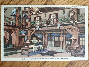 Lobby Lake Mcdonald Hotel Glacier National Park Mt Vintage Linen Postcard - Picture 1 of 2