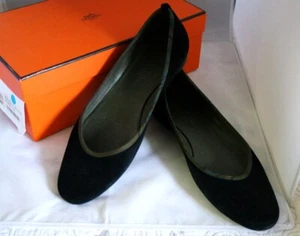 Hermes Bolchoi Suede Ballet Flats in Noir Poivre Bronze Silk Trim US 7 MSRP $710 - Picture 1 of 12