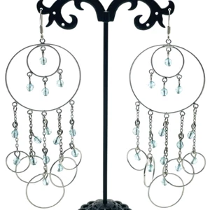Hoop Dangle Earrings Pierced Silver Tone Blue Beads Boho Music Festival Gypsy - Picture 1 of 7