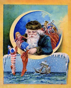 SANTA OVER A CRESCENT MOON Vintage Navidad 8x10 Estampado Giclee - Imagen 1 de 1