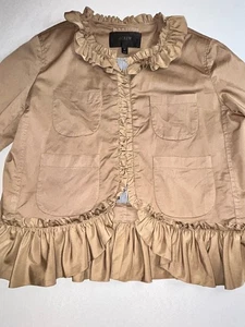 J Crew Womens Cotton Ruffle Trim Long Sleeve Open Front Jacket khaki Size 10 - Picture 1 of 9