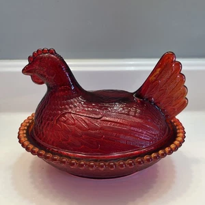Vintage Rare Ruby Red Hen on a Nest Indiana Glass Company Candy Trinket Dish (1) - Picture 1 of 8