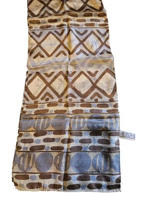 LIZ CLAIBORNE~ BUFANDA RECTANGULAR SEDA 10x52" cosida a mano azul/marrón de colección Japón Foto 1 de 4