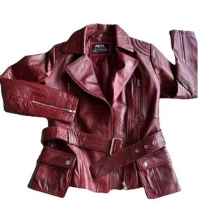 Retro Distressed Red Vegan Leather Moto Jacket XS - Picture 1 of 12