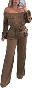womens sexy off shoulder drawsting waist baggy wide leg pants jumpsuits - Picture 1 of 5