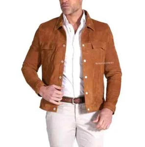 Designer Men's Party Wear Real Genuine Body Fitted Suede Jacket Silver Button-Up - Picture 1 of 9