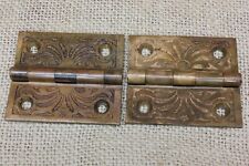 2 Old Decorated Hinges 1880’s Vintage Interior Shutter 2 X 1 3/4” Patina Brass