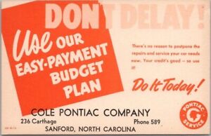 SANFORD, North Carolina Car Dealer Advertising Postcard COLE PONTIAC Service Ad