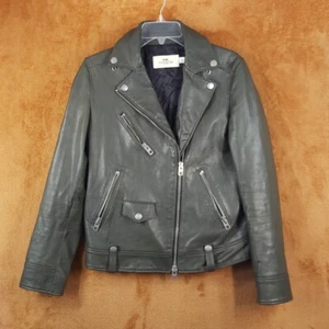 COACH Womens Jacket Small Dark Green Heavy Leather Moto Lined Biker ICON $1245 - Picture 1 of 10