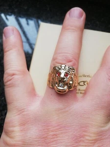 Anello uomo testa leone in oro giallo 750 18 kt con zirconi bianchi e rossi new - Foto 1 di 12