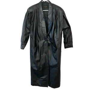 Vintage 90s Express Compagnie Black Leather Duster Long Jacket Glam Rock Medium - Picture 1 of 11