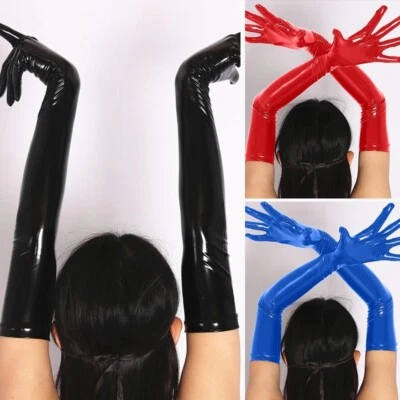 Guantes Largos Imitación Látex Sexy Aspecto Húmedo Cuero Brillante Club Baile Show Ópera Noche Foto 1 de 4