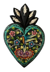 Milagros SACRED HEART, Black Corazon, Hummingbird, Michoacan Mexican Folk Art