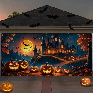 Glückliches Halloween Garage Tür Banner Gewebe Urlaub Partei Outdoor Hintergrund - Bild 1 von 9