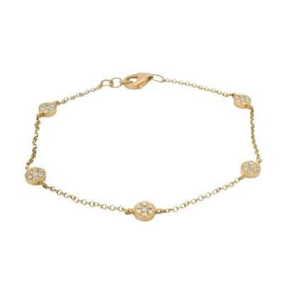 Solid 14kt Yellow Gold and Stationed Circle Diamond Cluster 6" Bracelet - Image 1 of 4