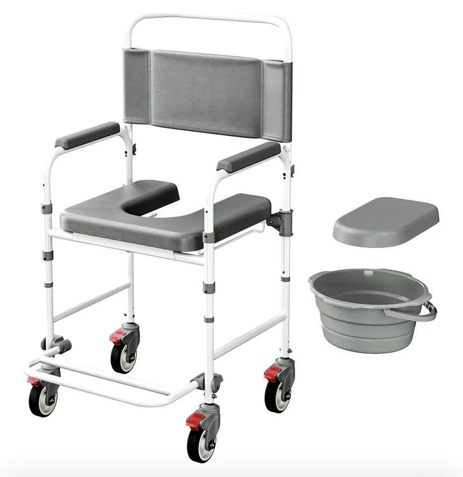 Bedside Commode with Wheels, Shower Wheelchair with 300 LBS Weight Capacity - Image 1 of 4