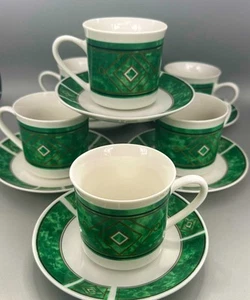 Gibson ROYAL DUCHESS GREEN Marble Gold Star Design 6 Coffee Cups & Saucers EC - Picture 1 of 4