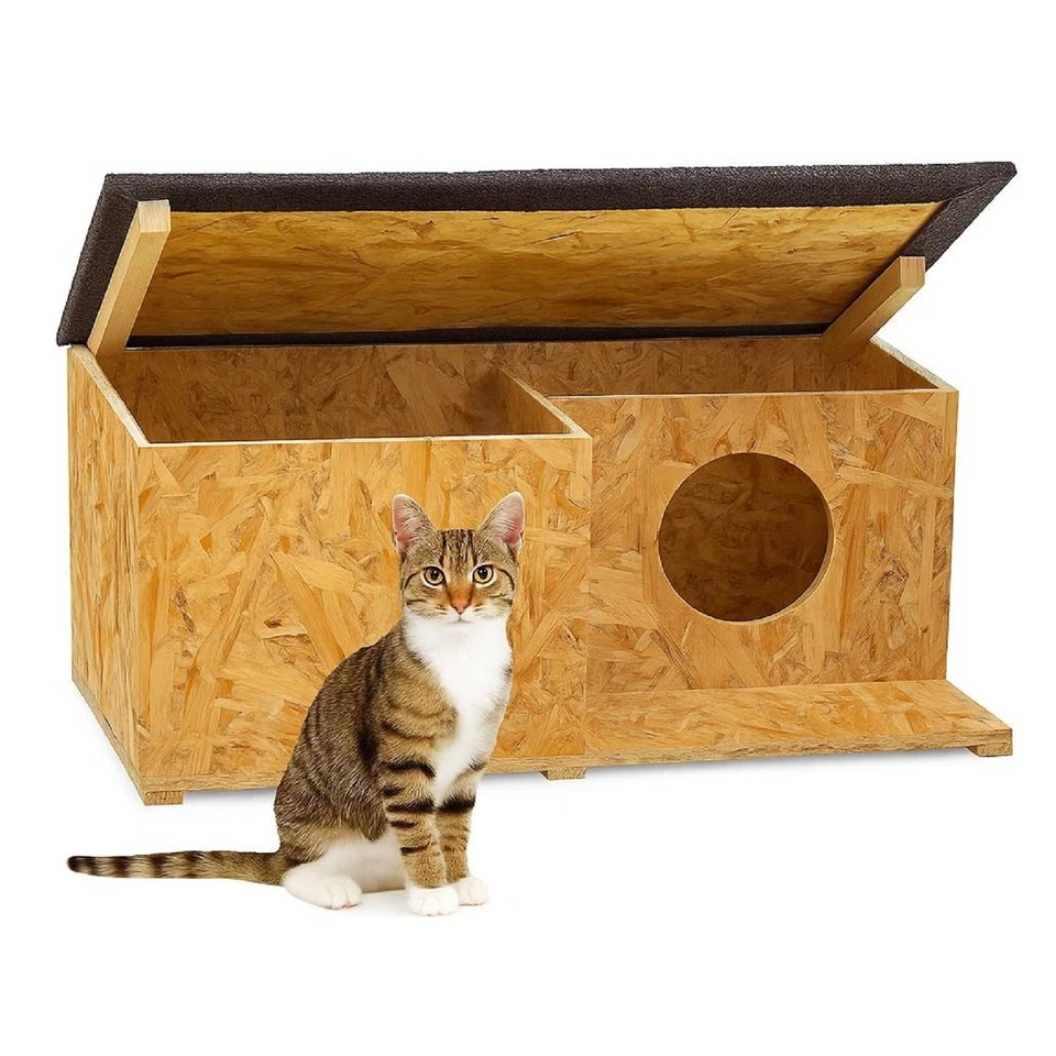 Casa para gatos QLS OSB Outdoor - 59x37x27 cm resistente a la intemperie con techo desmontable, marrón