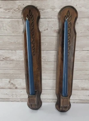 Pair of Vintage MCM Wooden Candle Sconces Holders with 2 Blue Taper Candles  - Image 1 of 4