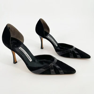 Manolo Blahnik винтажная черная замша ящерица отделка заостренный носок D'Orsay каблук IT 37,5 - Изображение 1 из 4